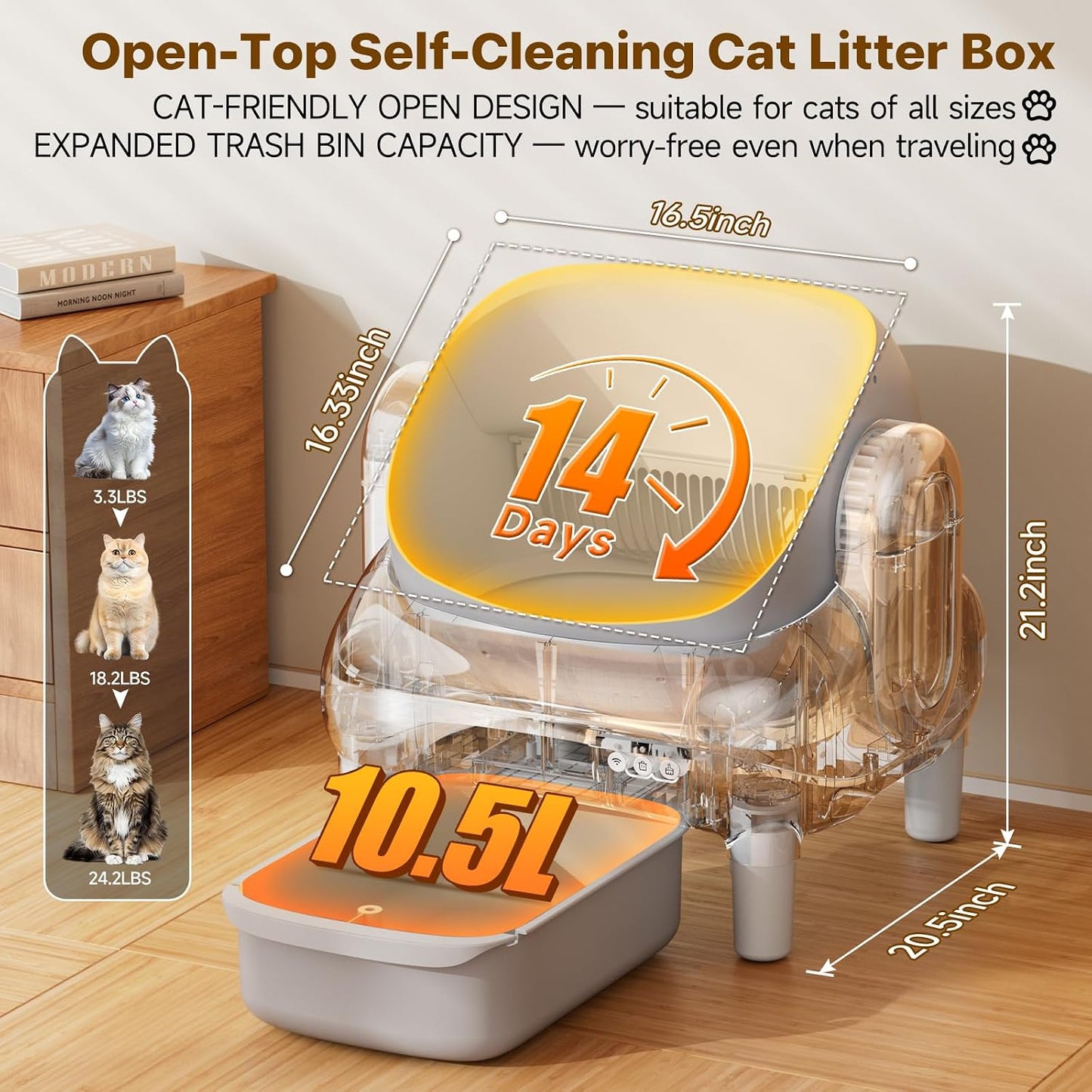 Automatic Cat Litter Box,Self Cleaning Litter Box for Multiple Cats with Open Top Design,App Control and Safety Protection,Ultra-Quiet,Easy Setup,Light Gray