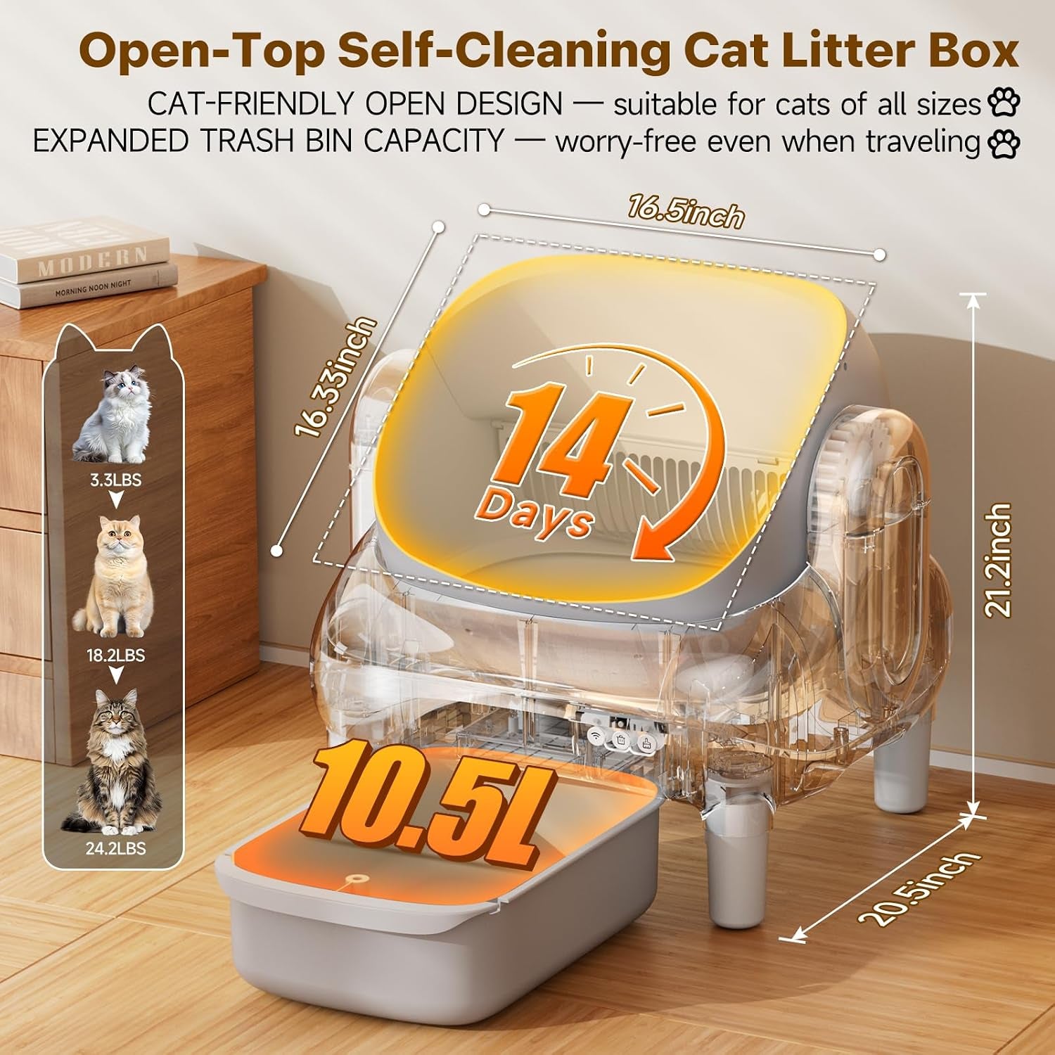 Automatic Cat Litter Box,Self Cleaning Litter Box for Multiple Cats with Open Top Design,App Control and Safety Protection,Ultra-Quiet,Easy Setup,Light Gray