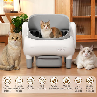 Automatic Cat Litter Box,Self Cleaning Litter Box for Multiple Cats with Open Top Design,App Control and Safety Protection,Ultra-Quiet,Easy Setup,Light Gray
